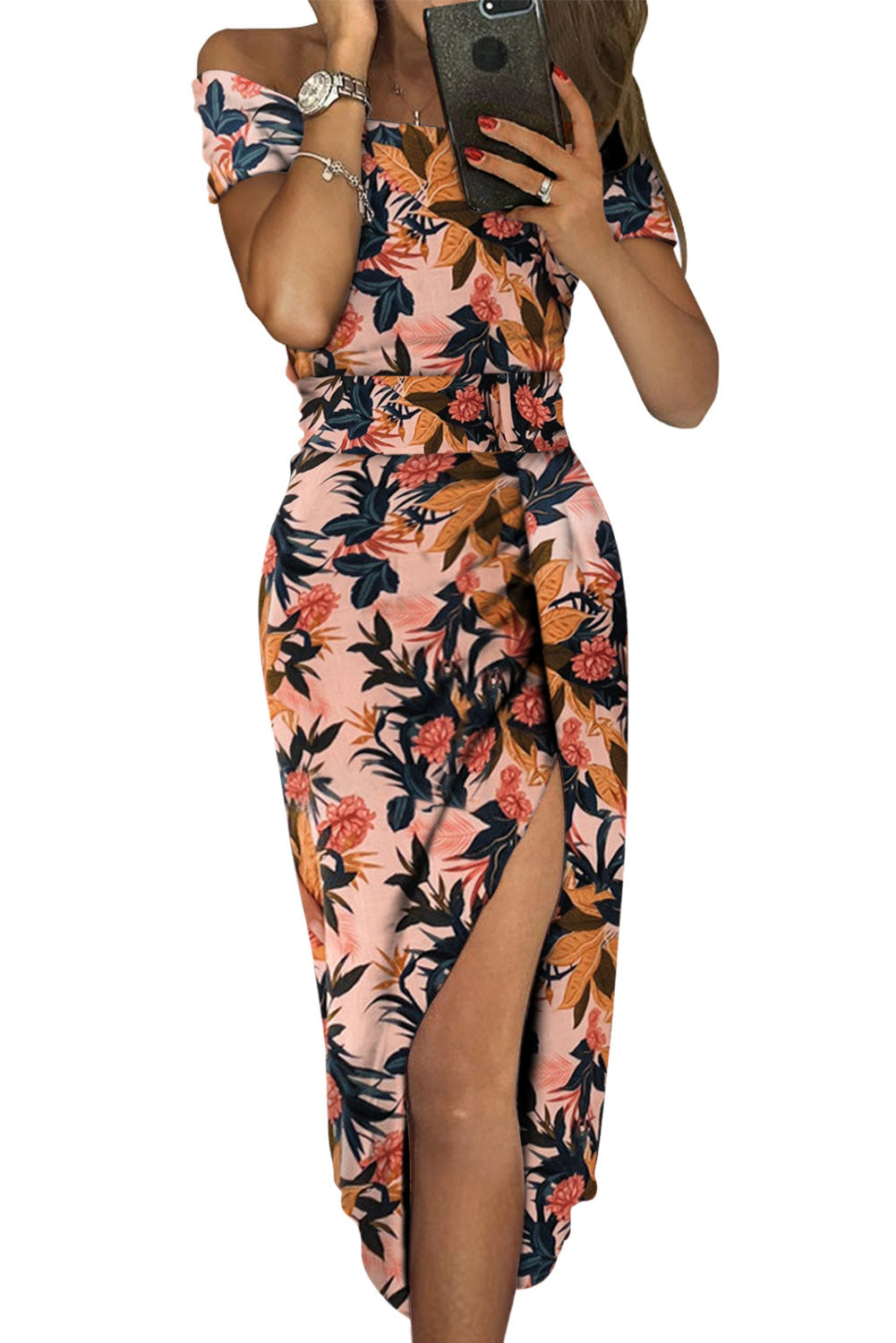 Pink Floral Print Off Shoulder Slit Bodycon Midi Dress