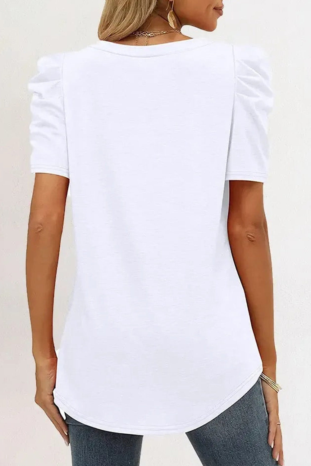 White Puff Sleeve V-Neck T-Shirt