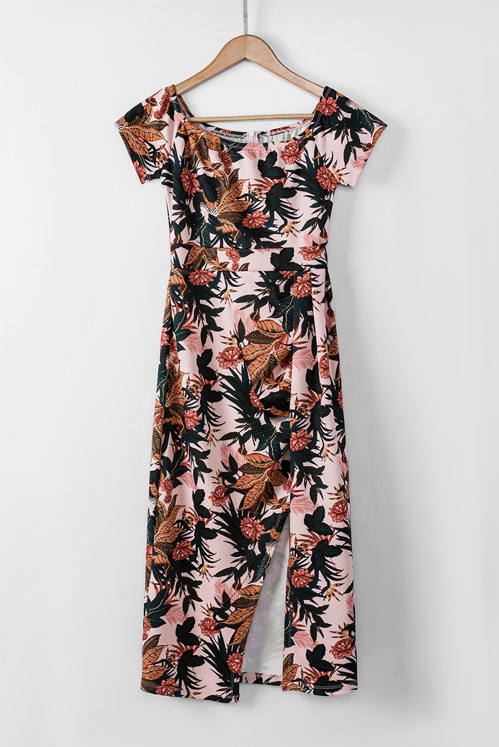 Pink Floral Print Off Shoulder Slit Bodycon Midi Dress