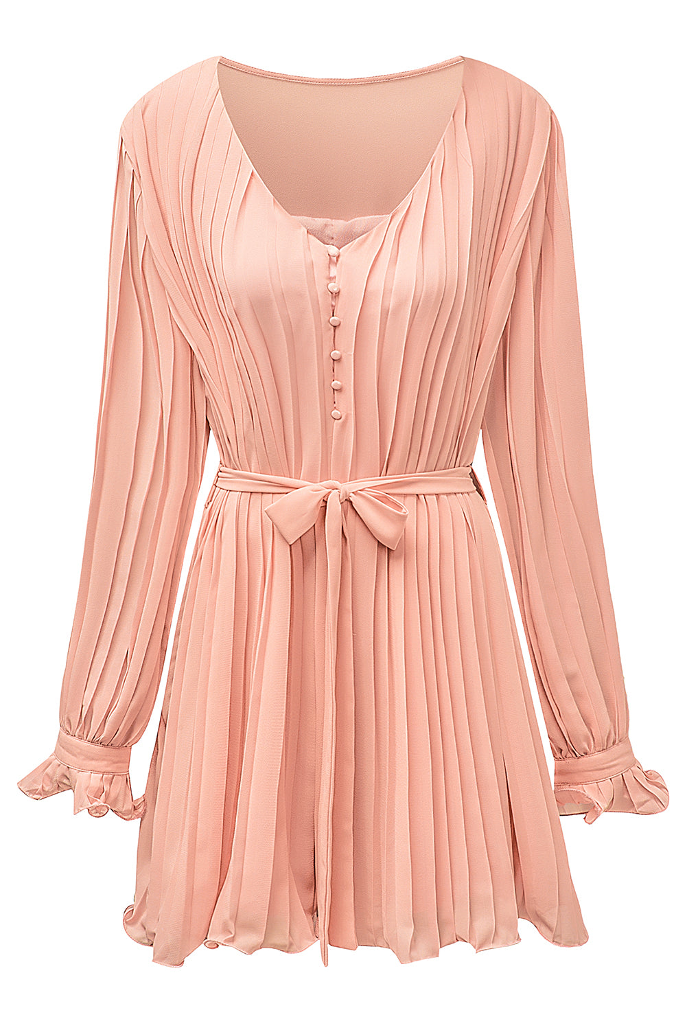 Pink Pleated Ruffled Tie Waist Buttons V Neck Romper